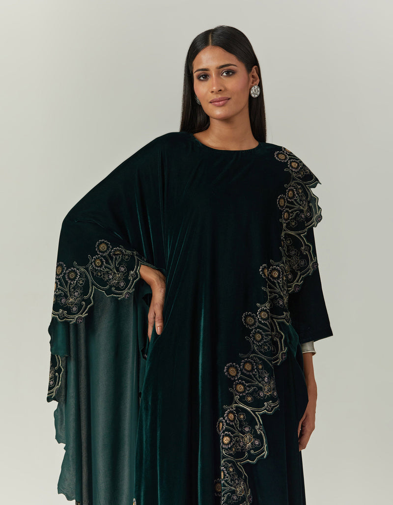 Bottle Green Velvet Dress Paired With a Printed Cape