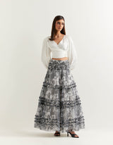 White Top With a Black and White Skirt In Satin Organza