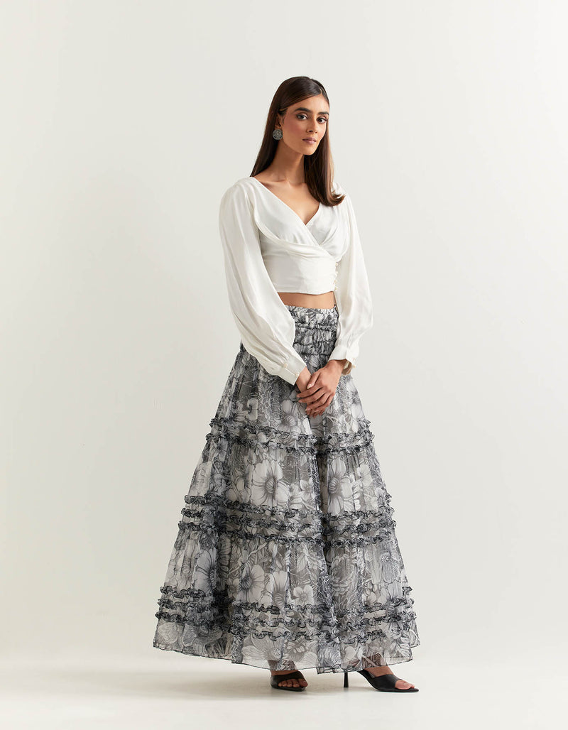 White Top With a Black and White Skirt In Satin Organza