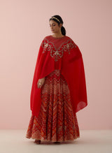 Red Crinkle Georgette Embroidered Cape Set