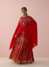 Red Crinkle Georgette Embroidered Cape Set