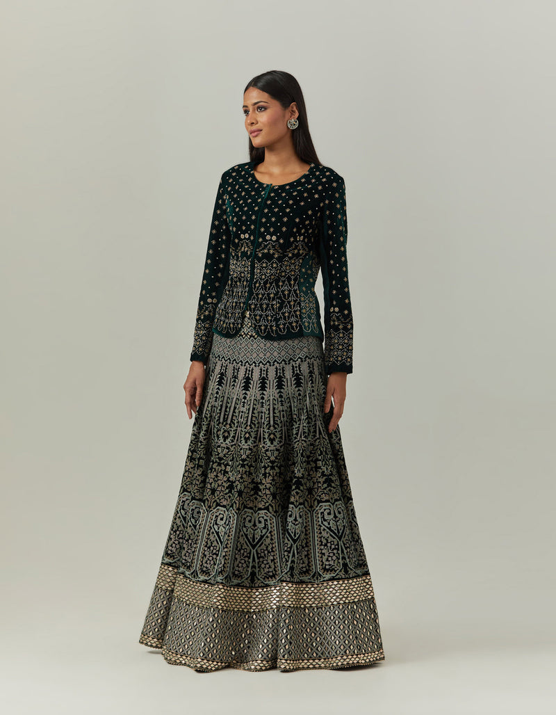 Green Velvet Intricated Embroidered Jacked Paired With Velvet Cross Stitch Skirt