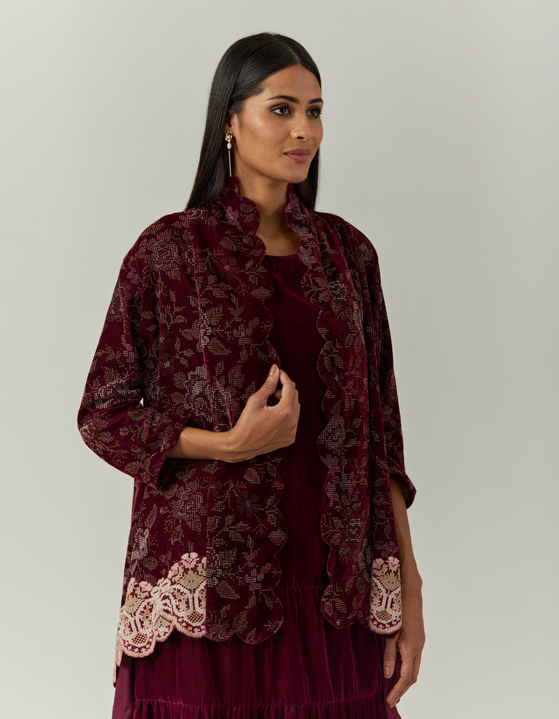 Printed Velvet Jacket Cape Paired With a Velvet Dress