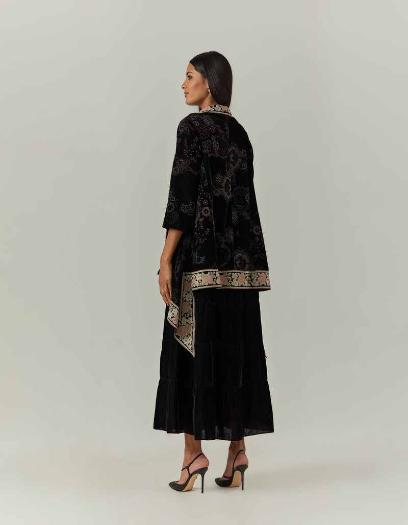 Printed And Cross Stitch Velvet Jacket Cape Paired With a Dress