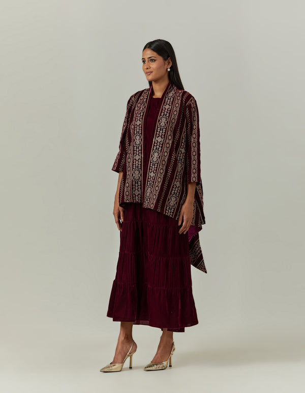 Wine Dress Paired With a Jacket Cape