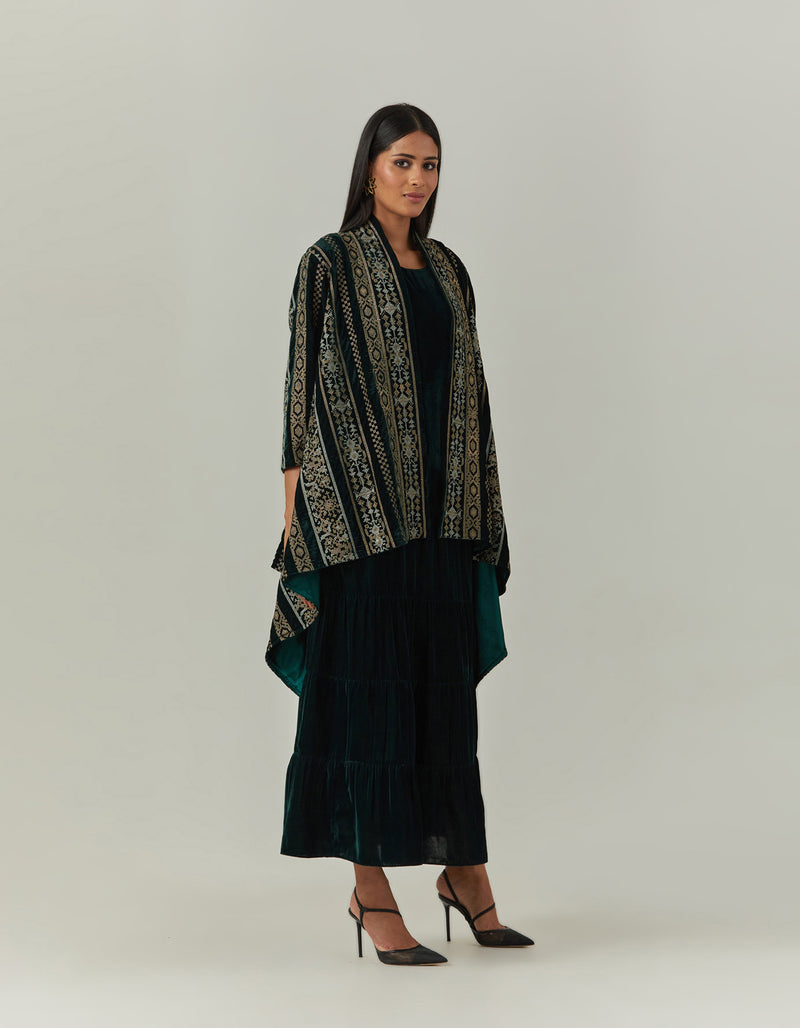 Bottle Green Dress Paired With a Jacket Cape