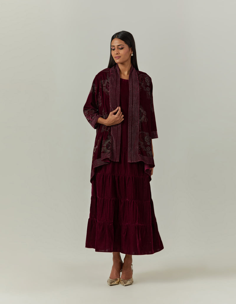 Wine Velvet Dress Paired With a Jacket Cape