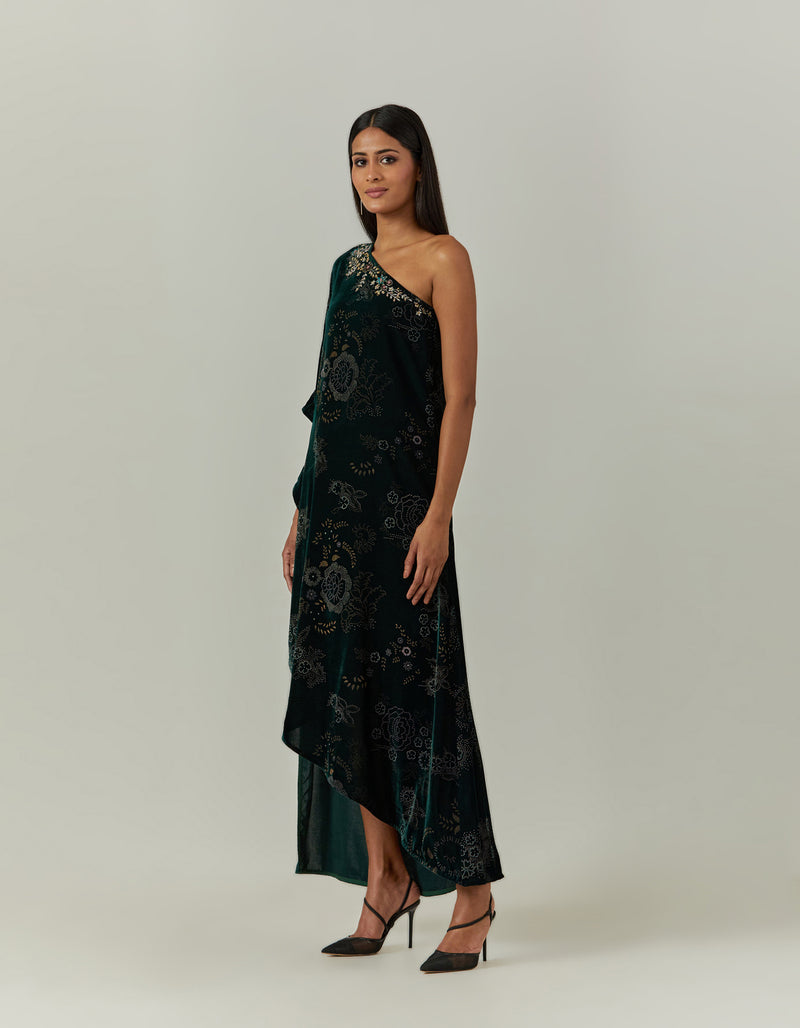 One Shoulder Hand Block Printed Dress