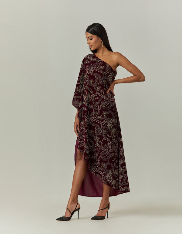 One Shoulder Hand Block Printed Dress