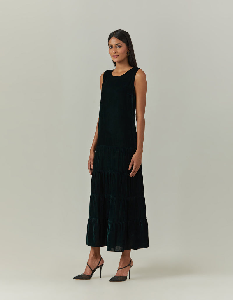Bottle Green Tiered Velvet Dress
