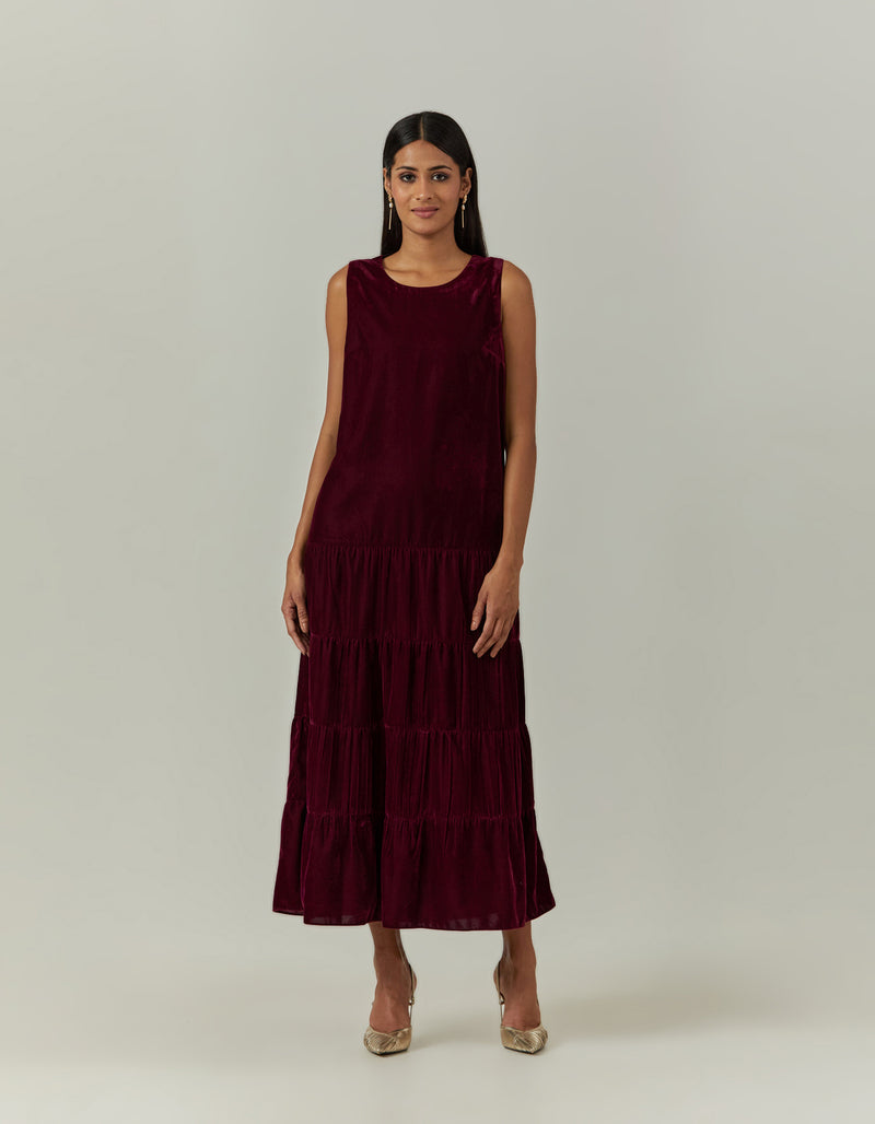 Wine Tiered Velvet Dress
