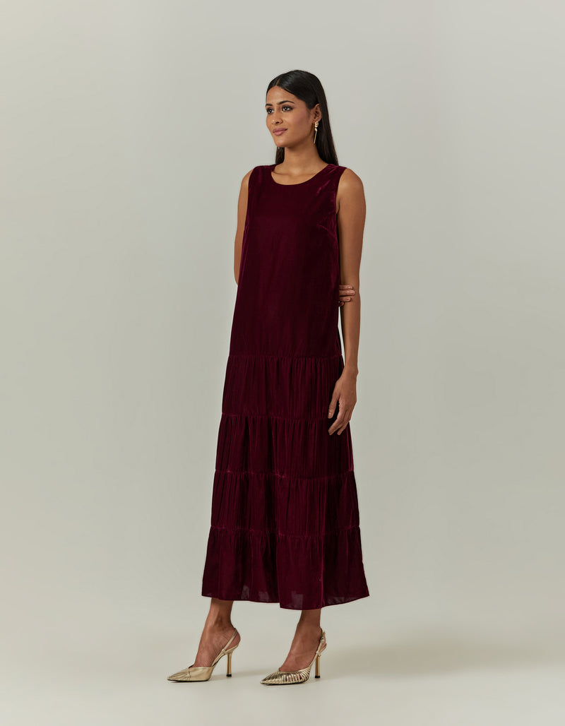 Wine Tiered Velvet Dress