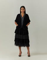 Velvet Loose Top Paired With Tiered Velvet And Mesh Skirt