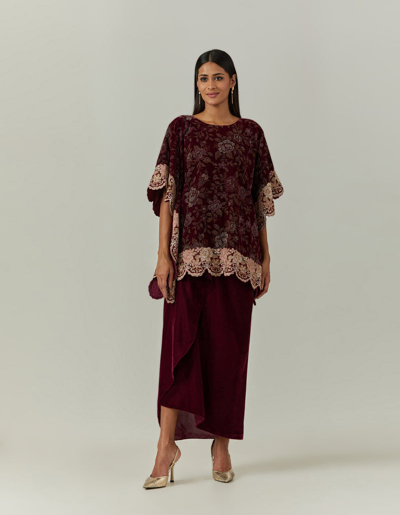 Printed Velvet Kaftan Top With a Velvet Skirt