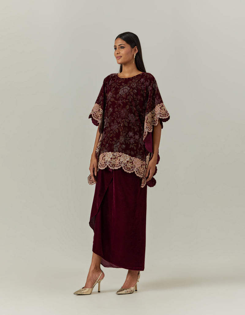Printed Velvet Kaftan Top With a Velvet Skirt